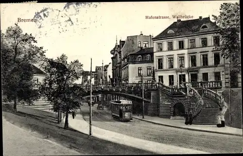 Ak Hansestadt Bremen, Hafenstraße, Wallbrücke, Tram Linie 1