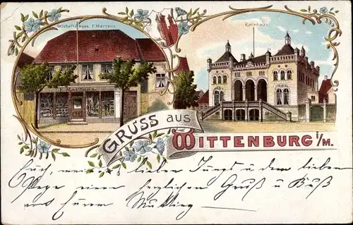 Wappen Litho Wittenburg in Mecklenburg, Rathaus, Geschäftshaus F. Martens