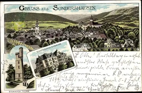 Litho Sondershausen im Kyffhäuserkreis Thüringen, Staatsschulgebäude, Bismarckturm, Totalansicht