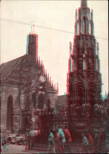 3 D Ak Nürnberg in Mittelfranken Bayern, Schöner Brunnen, Frauenkirche
