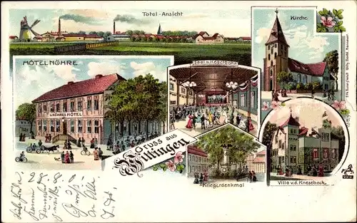 Litho Wittingen in Niedersachsen, Hotel, Saal mit Kegelbahn, Kriegerdenkmal, Kirche, Villa Knesebeck