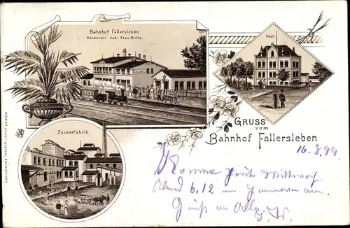 Litho Fallersleben in Niedersachsen, Restaurant, Bahnhof, Post, Zuckerfabrik