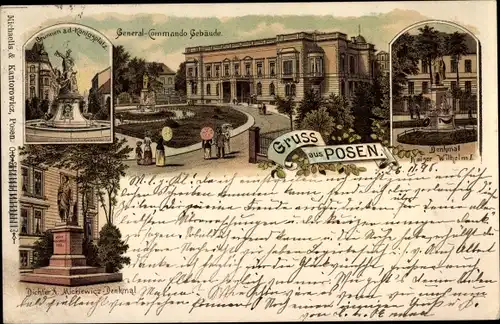 Litho Poznań Posen, Generalkommando Gebäude, Denkmal Kaiser Wilhelm I, Brunnen