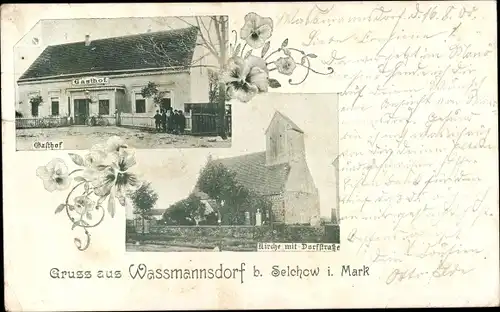 Ak Waßmannsdorf Schönefeld bei Berlin, Kirche mit Dorfstraße, Gasthof