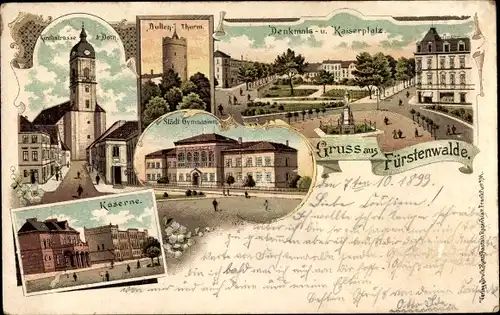 Litho Fürstenwalde an der Spree, Kaiserplatz, Kriegerdenkmal, Kaserne, Gymnasium, Dom