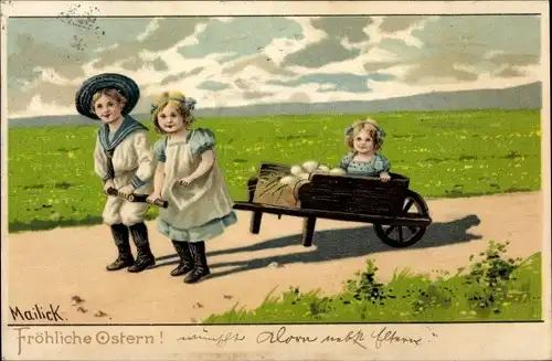 Künstler Litho Mailick, Glückwunsch Ostern, Junge und Mädchen ziehen Handkarren, Ostereier