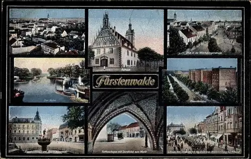 Ak Fürstenwalde an der Spree, Totalansicht, Rathaus, Münchebergerstraße, Hafen, Ulanenkaserne