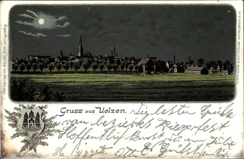 Wappen Mondschein Litho Uelzen in Niedersachsen, Blick auf den Ort