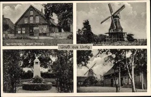 Ak Lintig Geestland Landkreis Cuxhaven, Gemischtwaren von Jürgen Thomann, Windmühle, Denkmal