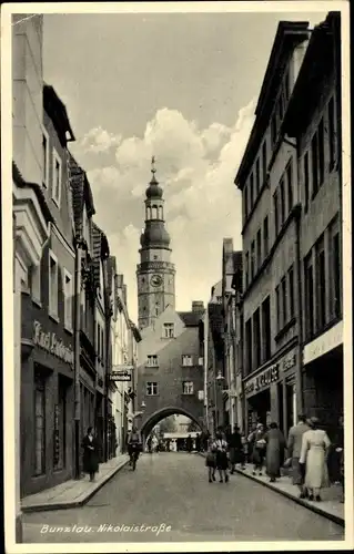 Ak Bunzlau Schlesien, Nikolaistraße, Geschäft