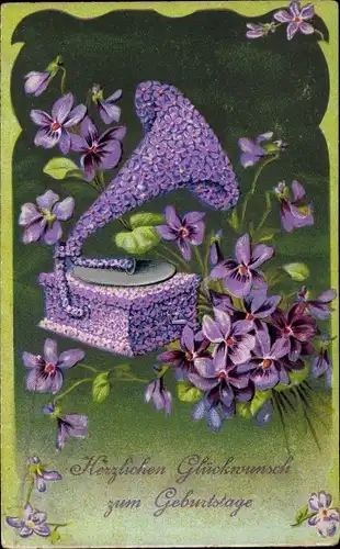 Ak Glückwunsch, Geburtstag, Grammophon, Veilchen