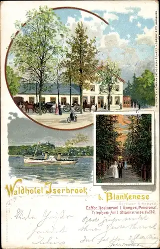 Litho Hamburg Altona Blankenese, Waldhotel Iserbrook, Salondampfer, Verlobten Allee