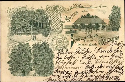 Litho Bützow in Mecklenburg, Schützenhaus, Garten, Allee