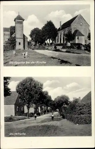 Ak Hohen Viecheln in Mecklenburg, Dorfpartie, Kirche, Dorfstraße