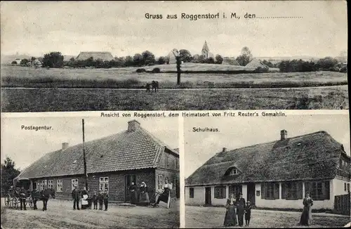 Ak Roggenstorf in Mecklenburg, Schulhaus, Postagentur, Blick auf den Ort