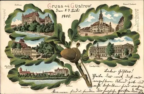 Eichenblatt Litho Güstrow in Mecklenburg, Postamt, Landgericht, Schloss, Domkirche, Museum