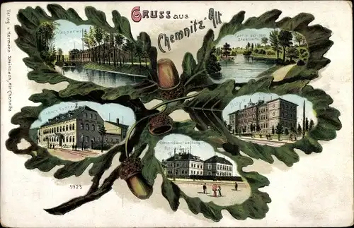 Eichenblatt Litho Altchemnitz Chemnitz Sachsen, Stadtpark, Schule, Gemeindeverwaltung, Wasserwerk