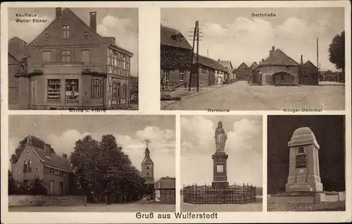 Ak Wulferstedt Sachsen Anhalt, Kaufhaus, Dorfstraße, Germania, Kriegerdenkmal, Kirche, Pfarre
