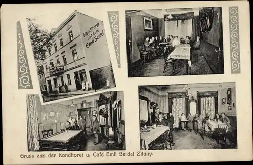 Ak Zduny bei Krotoschin Posen , Konditorei und Café Emil Seidel, Billardsaal, Gastraum