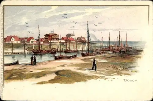 Künstler Ak Stöwer, Willy,  Nordseebad Büsum, Hafenpartie