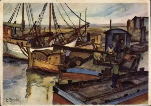 Künstler Ak Brode, E., Travemünde Lübeck, Friedrichs Aal Transportschiffe und Aalhälter Station