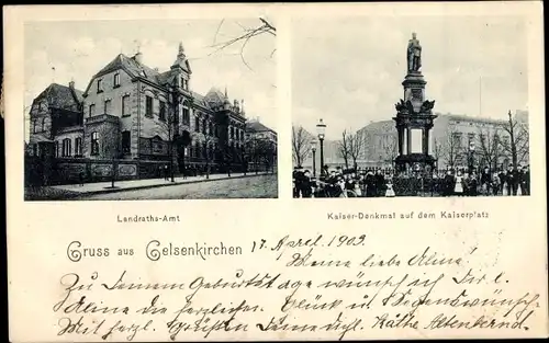 Ak Gelsenkirchen im Ruhrgebiet, Landratsamt, Kaiserdenkmal auf dem Kaiserplatz