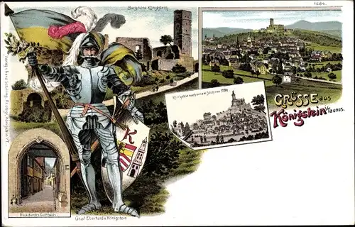 Litho Königstein im Taunus, Burgruine, Totalansicht, Graf Eberhard von Königstein