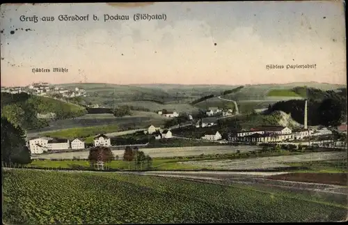 Ak Görsdorf Pockau im Erzgebirge, Panorama, Hüblers Mühle, Hüblers Papierfabrik