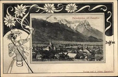 Passepartout Ak Garmisch Partenkirchen in Oberbayern, Panorama mit Zugspitze