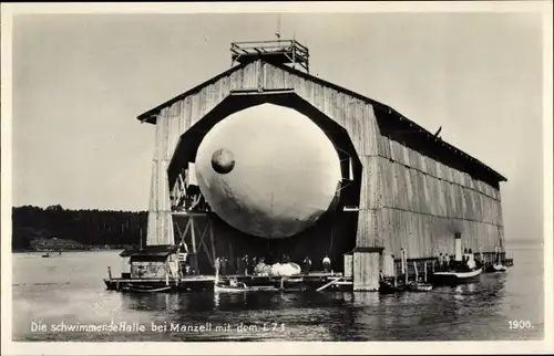 Ak Manzell Friedrichshafen am Bodensee, Schwimmende Luftschiffhalle, Zeppelin LZ 1