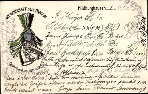 Studentika Ak Hildburghausen Thüringen, Wissenschaft sei's Panier, Deutsch und treu, stark und frei