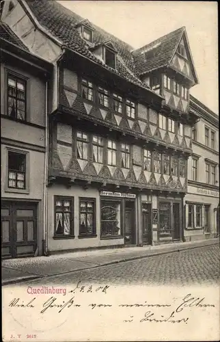 Ak Quedlinburg im Harz, Fachwerkhaus, Geschäft Hermann Richter