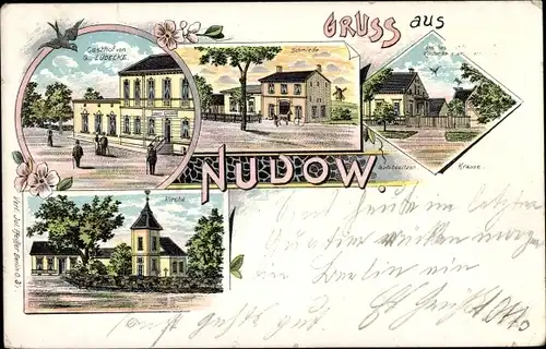 Litho Nudow bei Groß Kreutz, Kirche, Gasthof, Schmiede