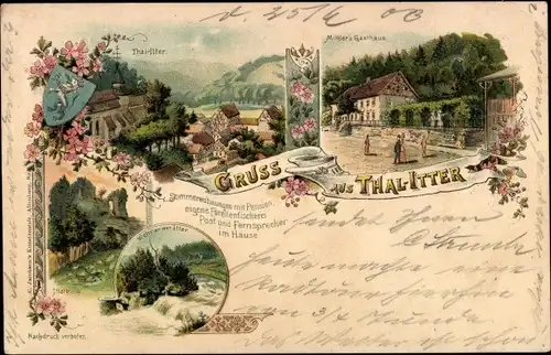 Litho Thalitter Vöhl in Hessen, Gasthaus, Bächlein, Wappen, Blumen