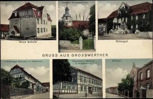 Ak Großwerther Werther in Thüringen, Fräuleinsgut, Gasthaus Weintraube, Bäckerei, Rittergut, Kirche