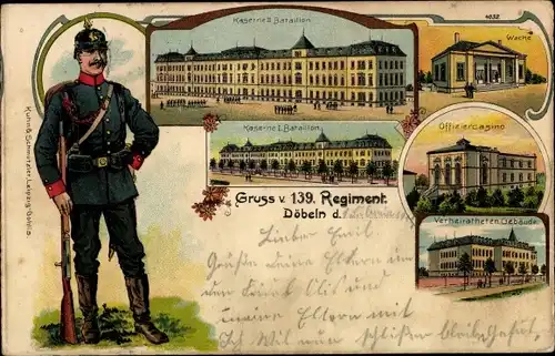 Litho Döbeln in Sachsen, 139. Regiment, Kaserne, Wache, Offiziercasino, Verheiratenengebäude