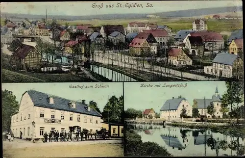 Ak Sankt Egidien in Sachsen, Panorama, Gasthof zum Schwan, Kirche, Lungwitzfluss