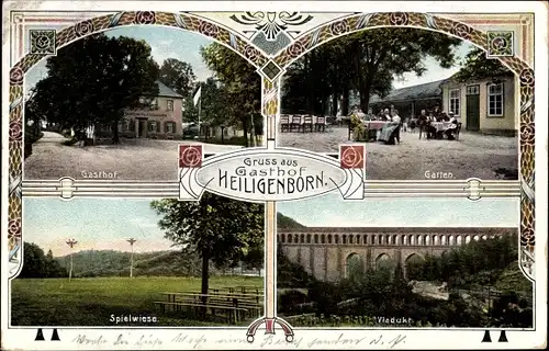 Ak Heiligenborn Waldheim in Mittelsachsen, Stadtansichten, Gasthaus, Garten, Wiese, Viadukt