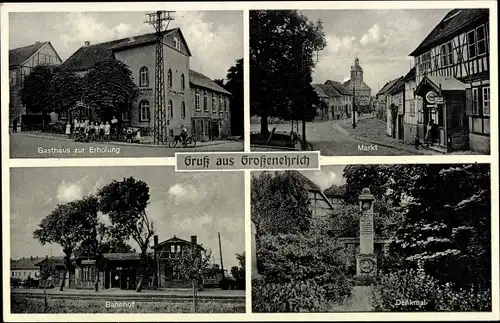 Ak Großenehrich in Thüringen, Gasthaus zur Erholung, Markt, Bahnhof, Denkmal