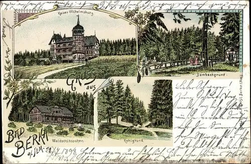 Litho Bad Berka in Thüringen, Kaiser Wilhelmsburg, Dambachgrund, Waldschlösschen, Kohlgrund