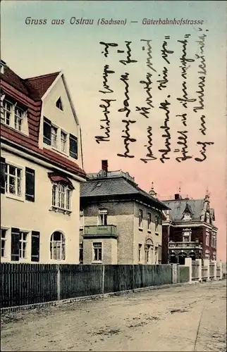 Ak Ostrau in Sachsen, Blick in die Güterbahnhofstraße, Häuser, Fassaden