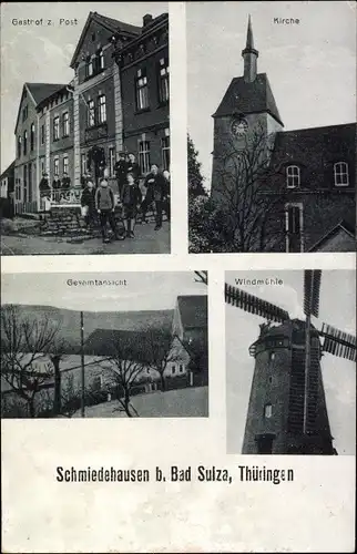Ak Schmiedehausen in Thüringen, Windmühle, Kirche, Gasthof zur Post
