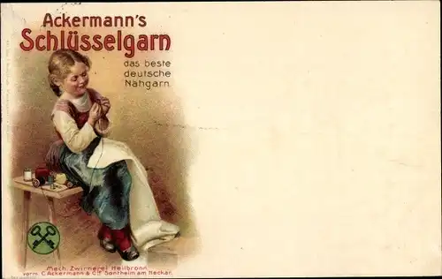 Litho Mädchen beim Nähen, Ackermann's Schlüsselgarn