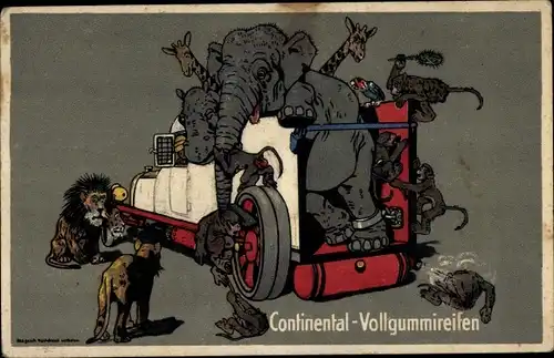 Ak Continental Vollgummireifen, Automobil, Elefant, Löwen, Giraffen, Affen