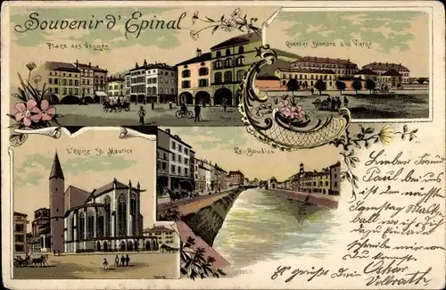 Litho Épinal Lothringen Vosges, Kirche St. Maurice, Place des Vosges