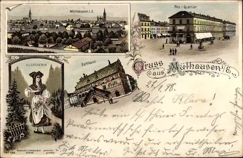Litho Mulhouse Mülhausen Elsass Haut Rhin, Neu-Quartier, Tracht, Rathaus, Panorama
