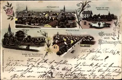 Litho Mulhouse Mülhausen Elsass Haut Rhin, Salvatorplatz, Genovefakirche, Arbeiterviertel, Panorama