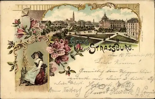 Litho Strasbourg Straßburg Elsass Bas Rhin, Teilansicht, Elsässerin am Spinnrad