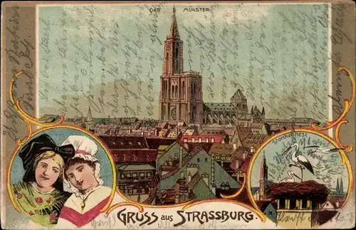 Litho Strasbourg Straßburg Elsass Bas Rhin, Elsässerin und Lothringerin, Münster, Storchennest