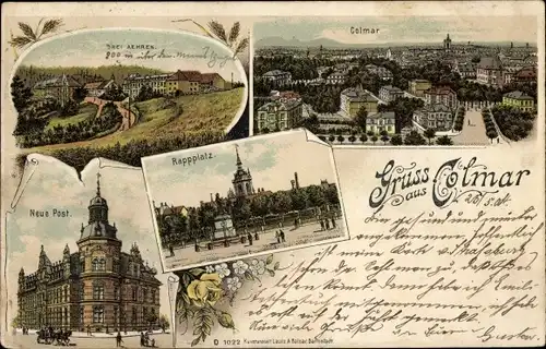 Litho Colmar Kolmar Elsass Haut Rhin, Drei Ähren, Rapp-Platz, Post